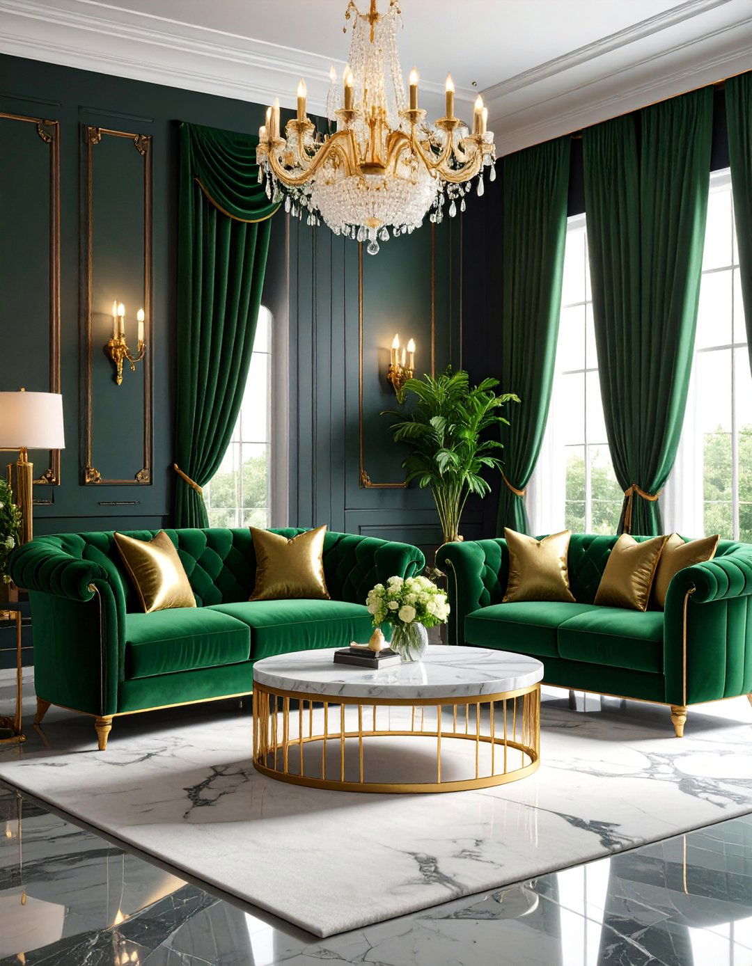 Forest Green Luxury Living Room with Marble Accents - 25 Forest Green Living Room Ideas