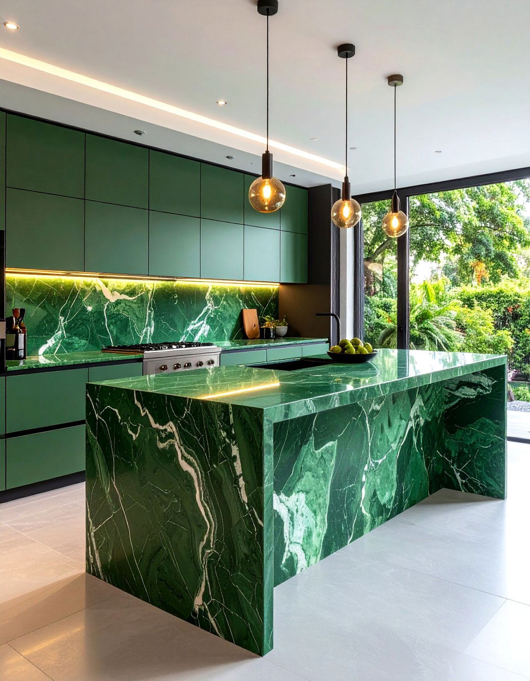 Forest Green Marble Kitchen Island with Waterfall Edges - 25 Green Marble Countertop Design Ideas
