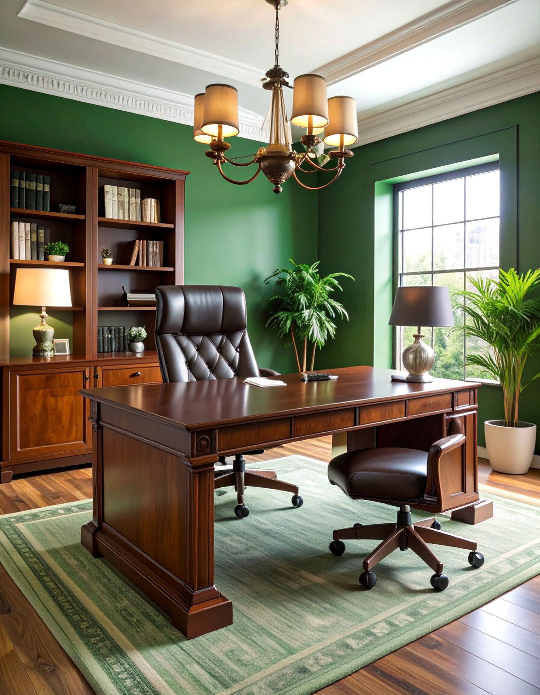 Forest Green Office with Leather Executive Furniture - 25 Dark Green Office Ideas and Inspiration