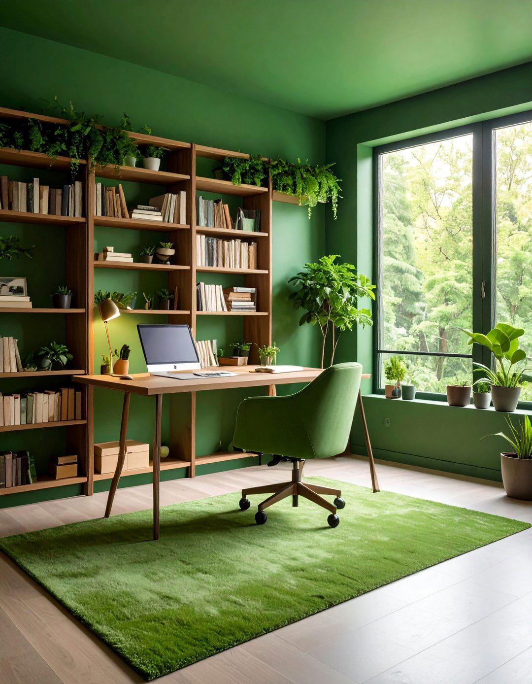Forest Green Office with Library Reading Nook Corner - 25 Dark Green Office Ideas and Inspiration