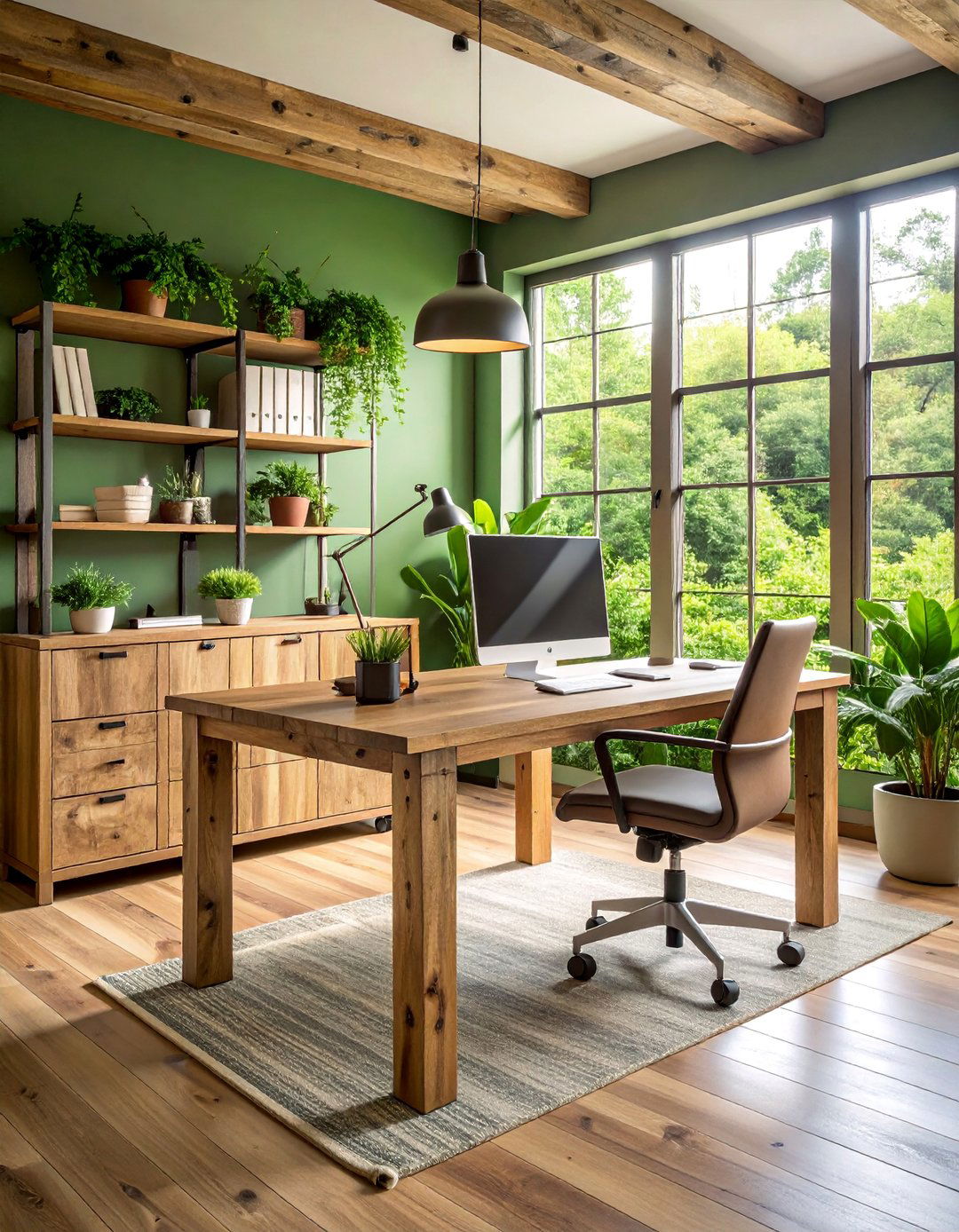 Forest Green Office with Rustic Reclaimed Wood Elements - 25 Dark Green Office Ideas and Inspiration