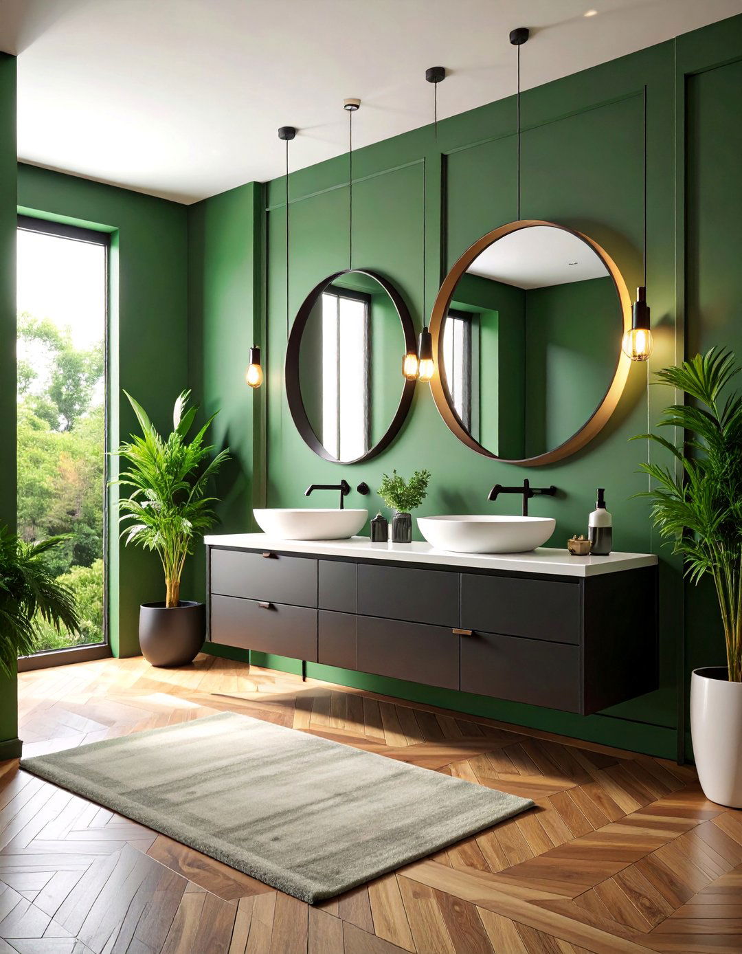 Forest Green Paint Powder Room with Black Fixtures - 25 Green Powder Room Ideas