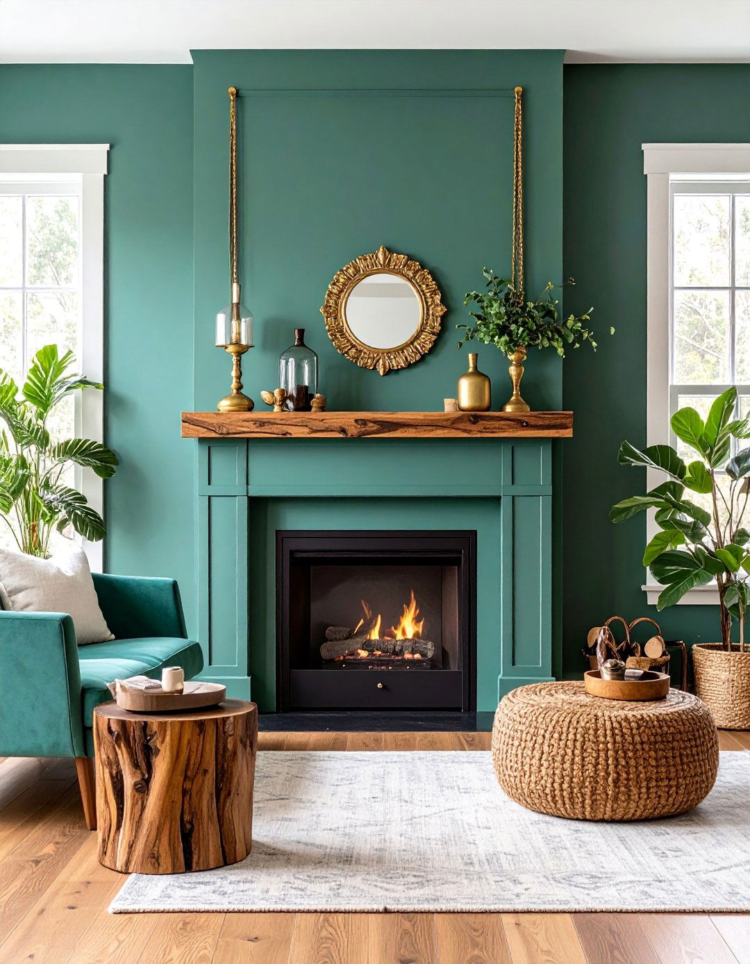 Forest Green Painted Mantel with Live Edge Wood - 25 Green Fireplace Ideas