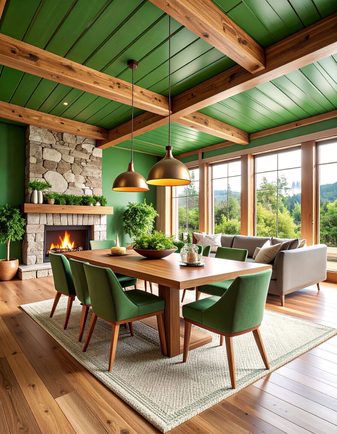 Forest Green Plank Ceiling with Rustic Beams - 25 Green Ceiling Ideas