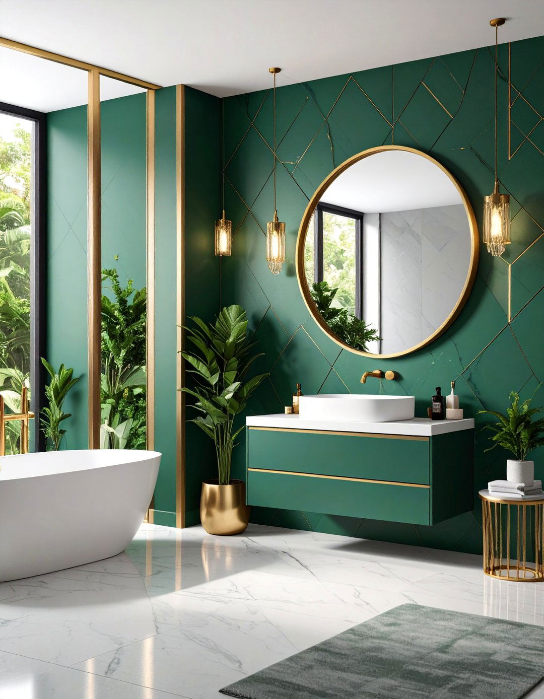 Forest Green Powder Room with Gold Wallpaper - 25 Forest Green Bathroom Ideas