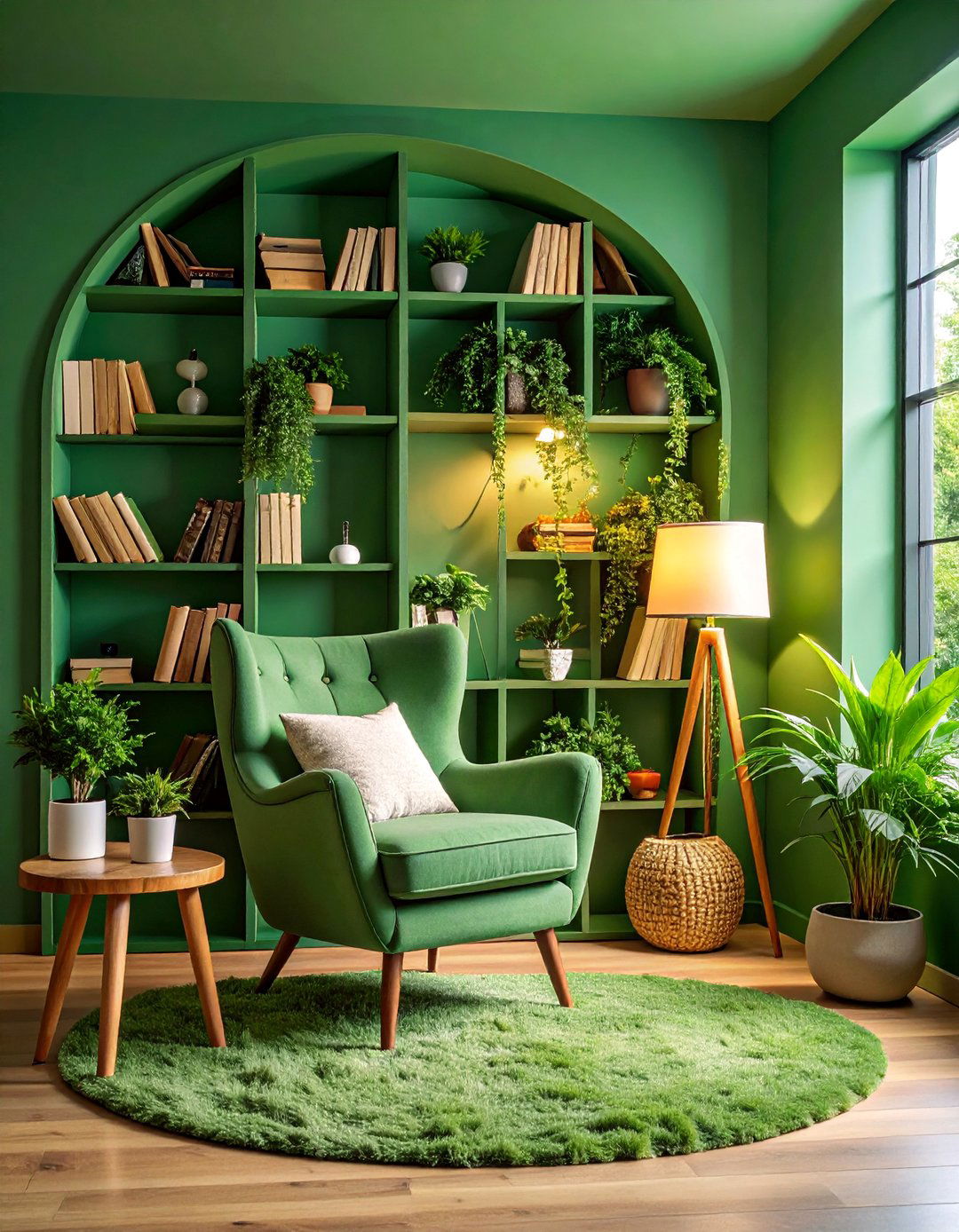 Forest Green Reading Nook with Built in Shelving - 25 Green Accent Wall Ideas