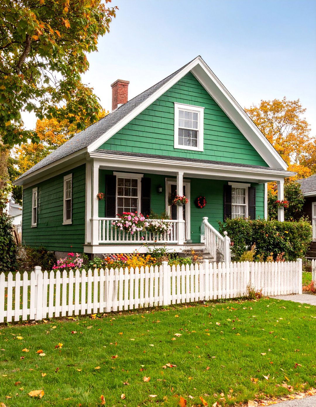 Forest Green Saltbox with Black Window Boxes and White Picket Fence - 25 Forest Green House With Black Trim