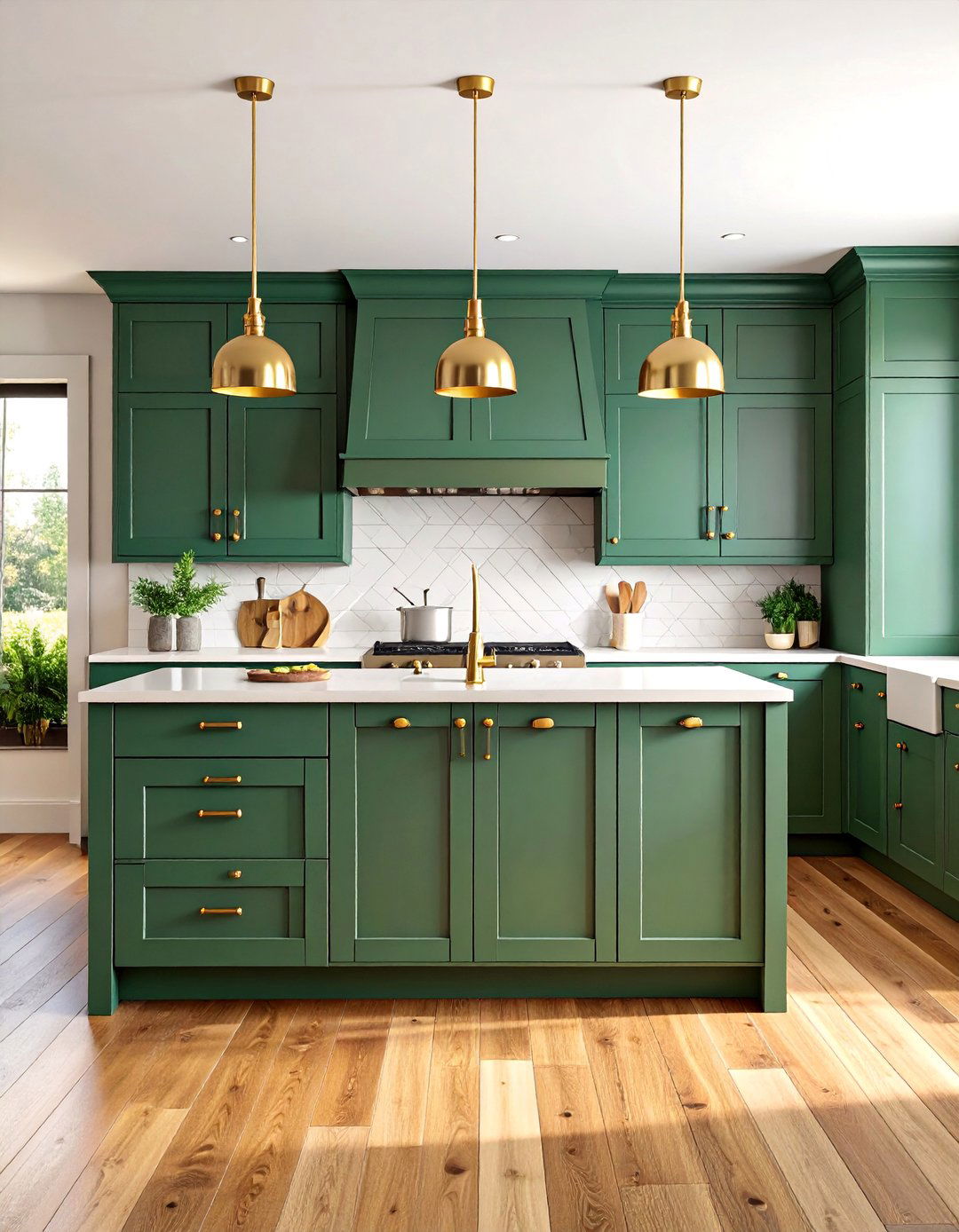 Forest Green Shaker Cabinets with Brass Hardware - 25 Forest Green Kitchen Ideas