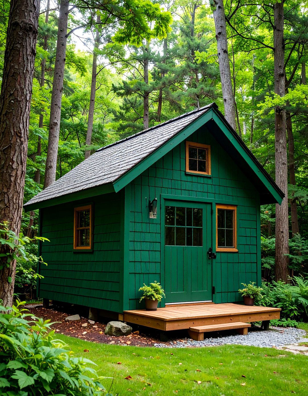 Forest Green Shed with Cedar Shake Roof - 25 Shed Color Ideas