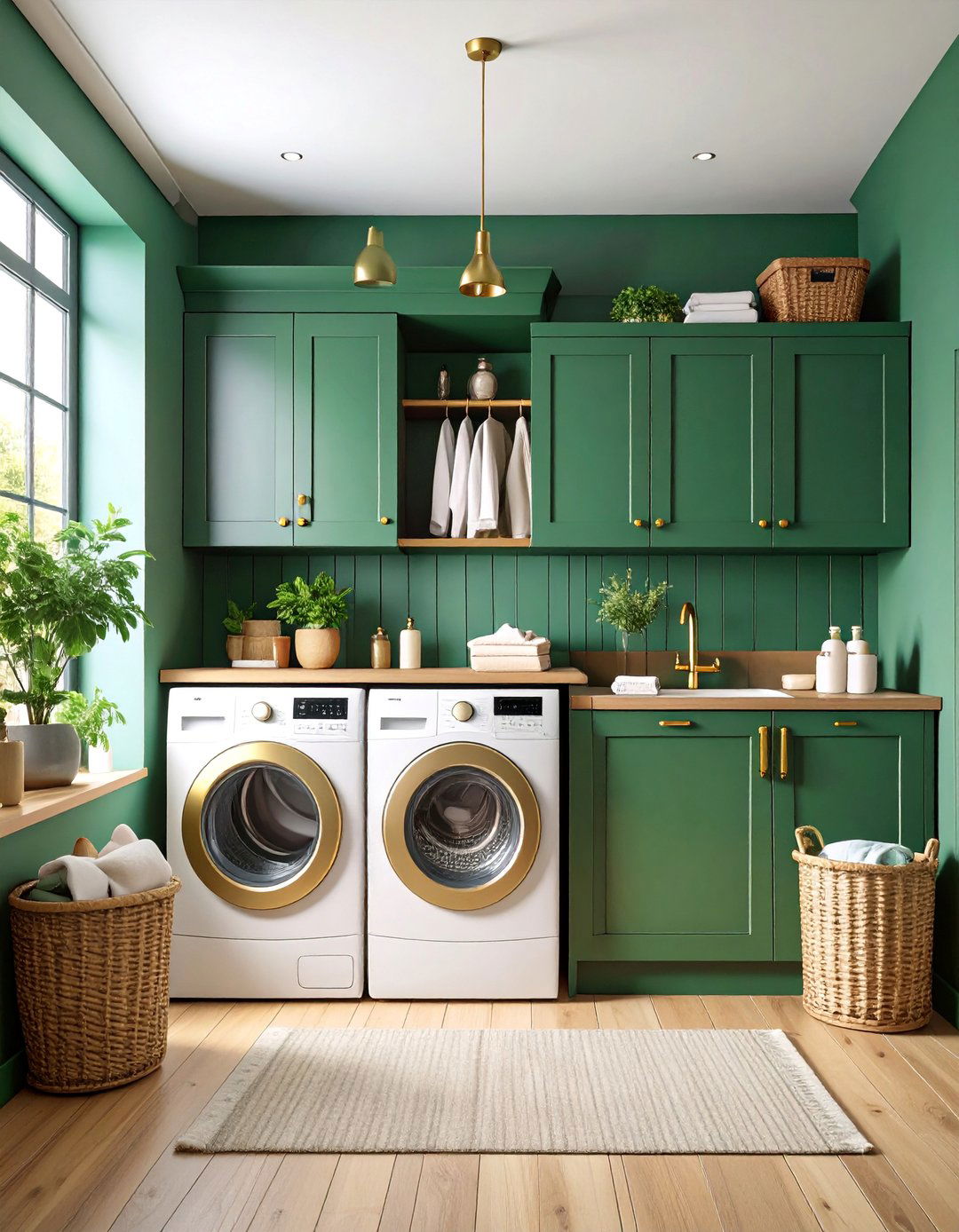 Forest Green Shiplap with Brass and Gold Details - 25 Shiplap Laundry Room Ideas