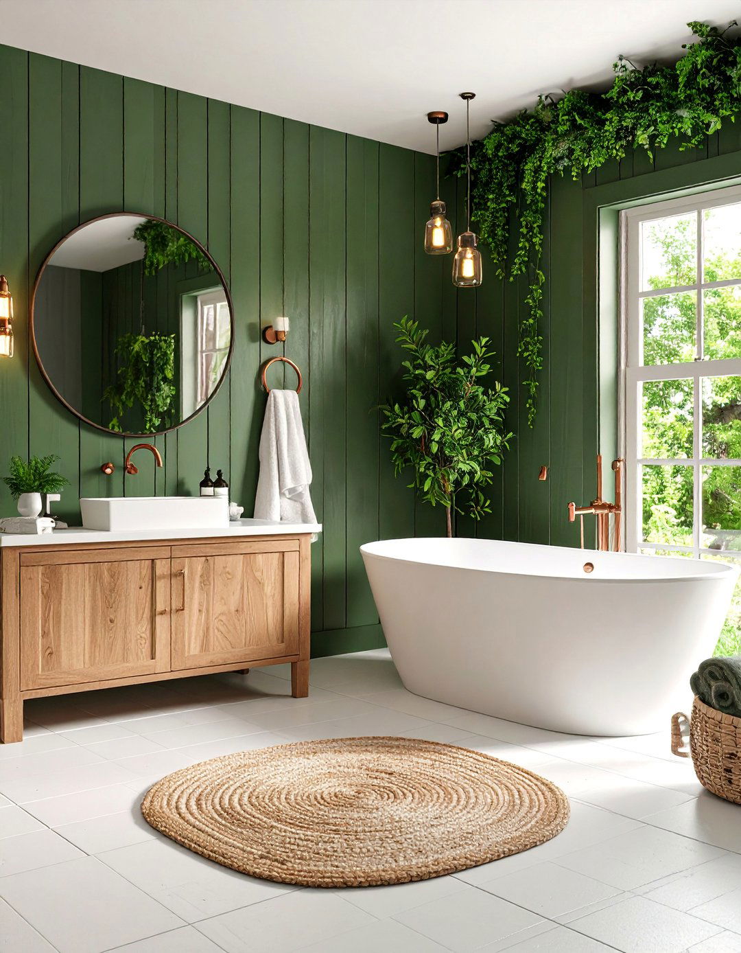Forest Green Shiplap with Rustic Copper Details - 25 Olive Green Bathroom Ideas