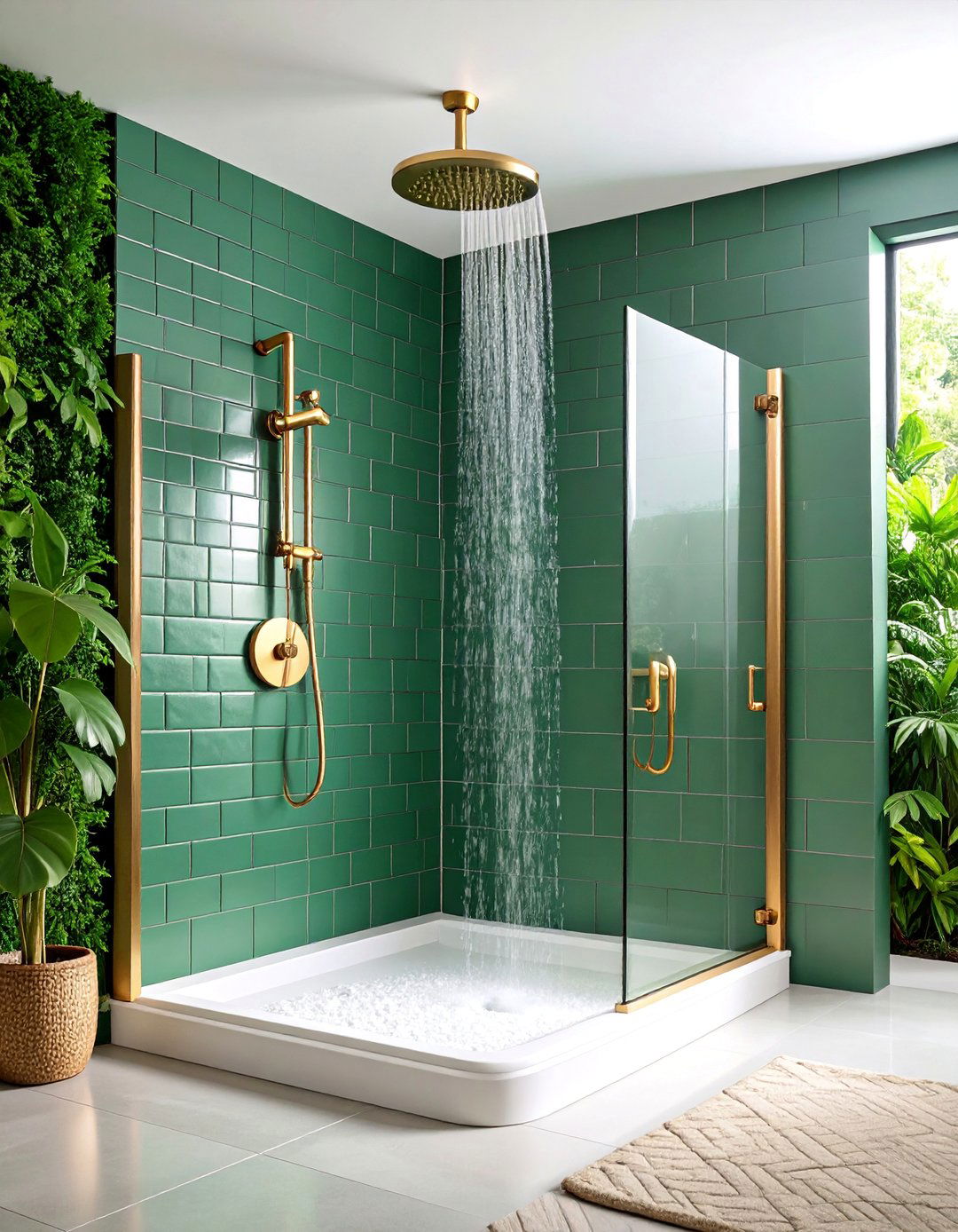 Forest Green Subway Tile Shower with Brass Fixtures - 25 Forest Green Bathroom Ideas