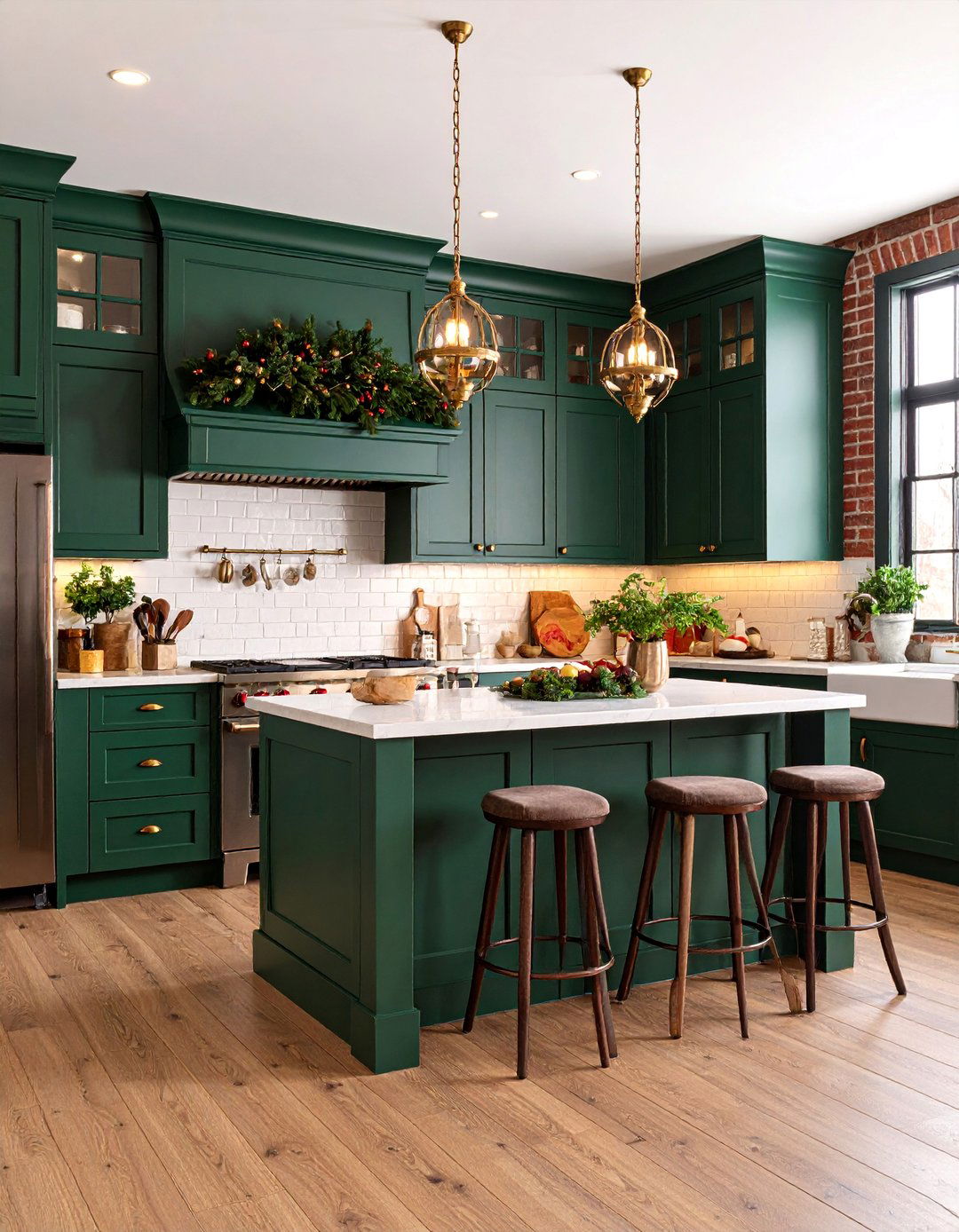 Forest Green Traditional Kitchen with Brass Colonial Hardware - 25 Kitchen With Colored Appliances Ideas