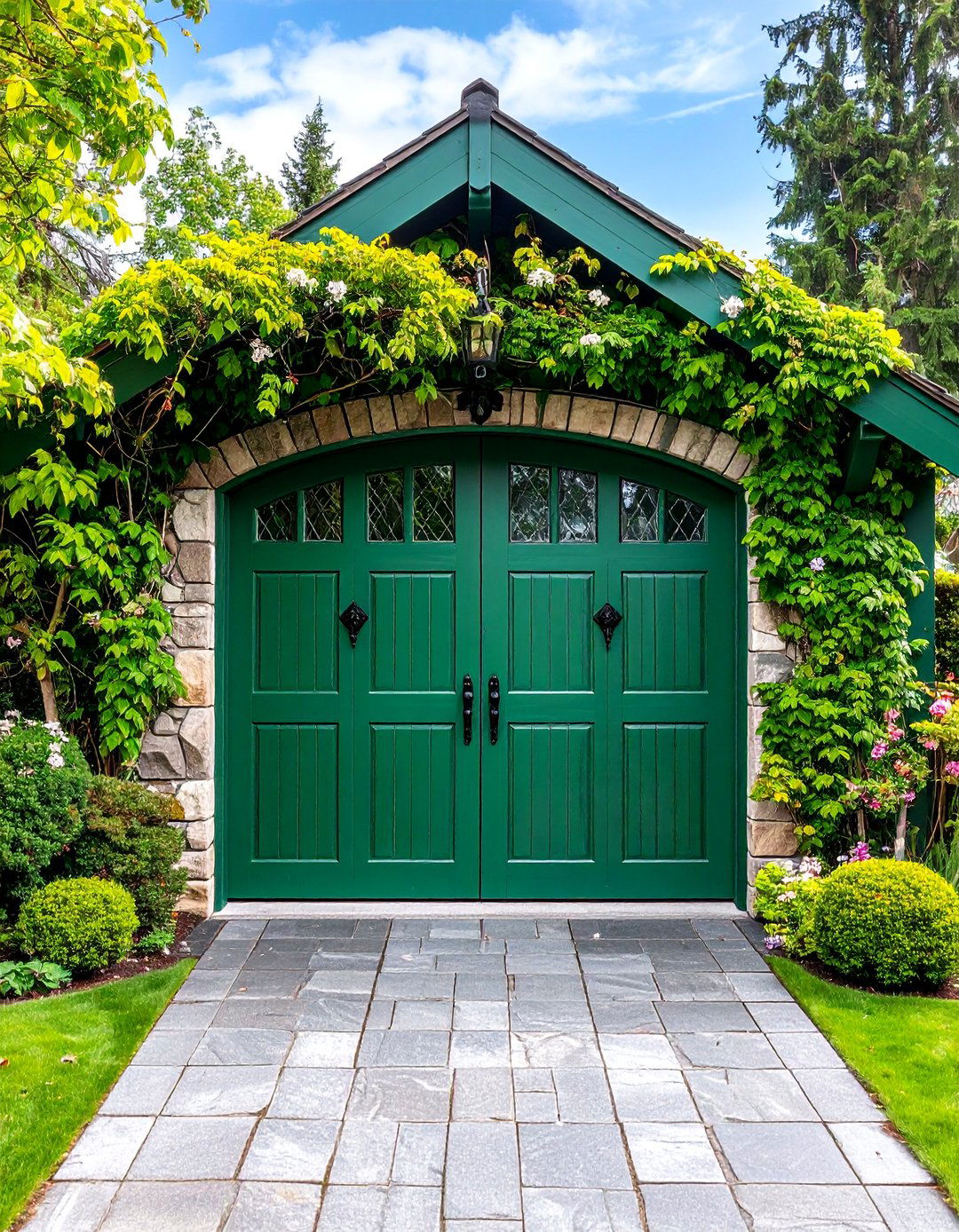 Forest Green Tudor with Gothic Revival Elements - 25 Green Garage Door Ideas