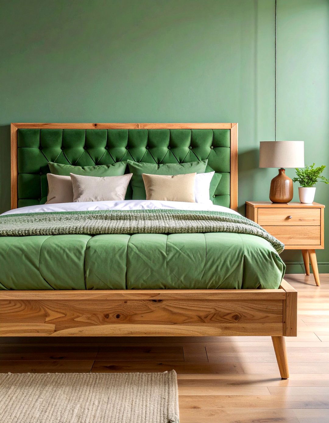 Forest Green Velvet Headboard with Natural Wood - 25 Dark Green Bedroom Ideas