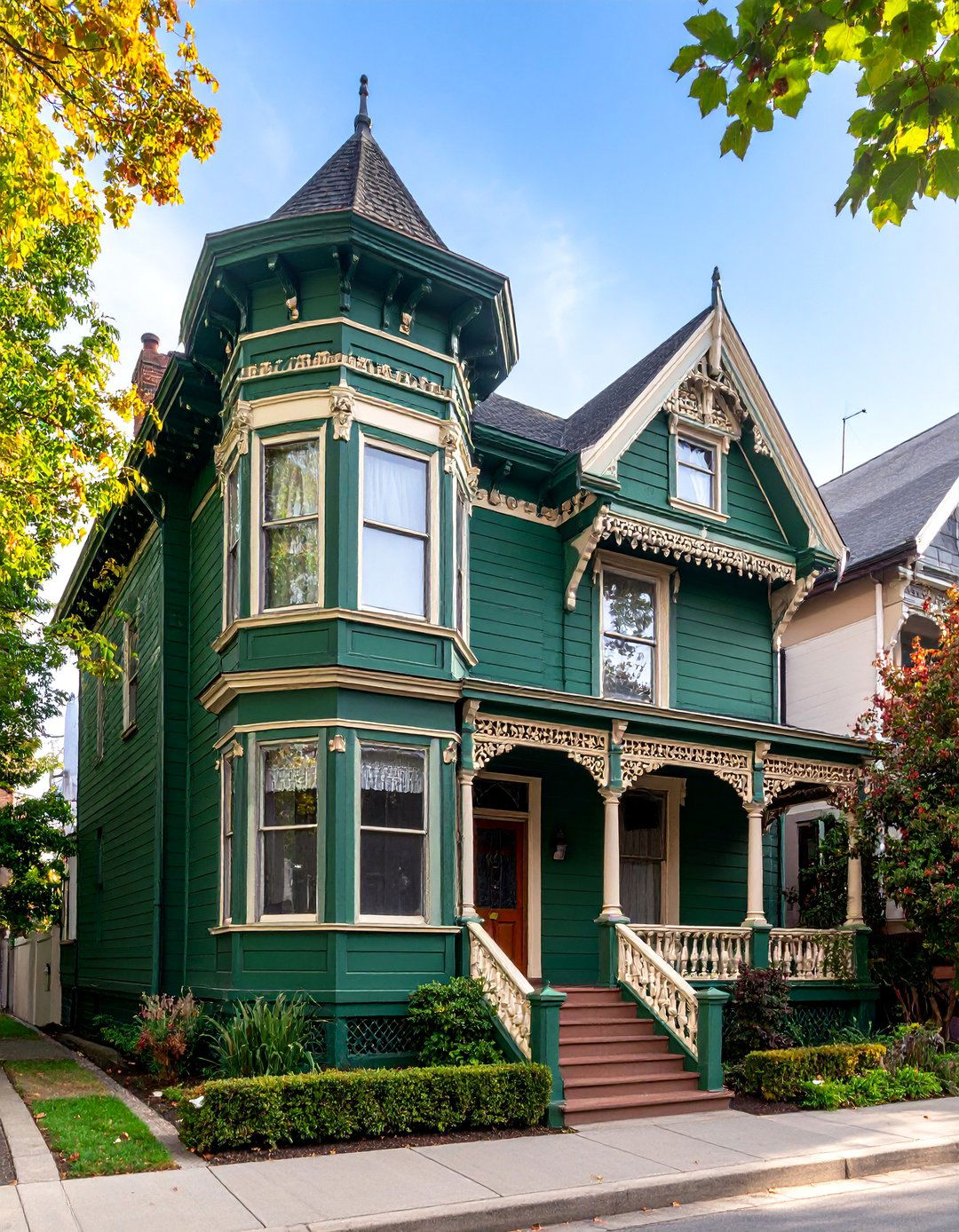 Forest Green Victorian Elegance with Cream Trim - 25 Green Victorian House Colors