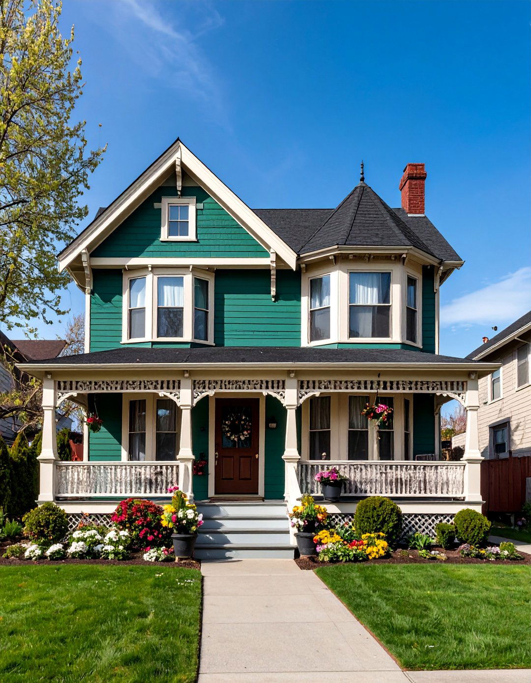 Forest Green Victorian with Cream Trim - 25 Dark Green Exterior Paint Color Schemes