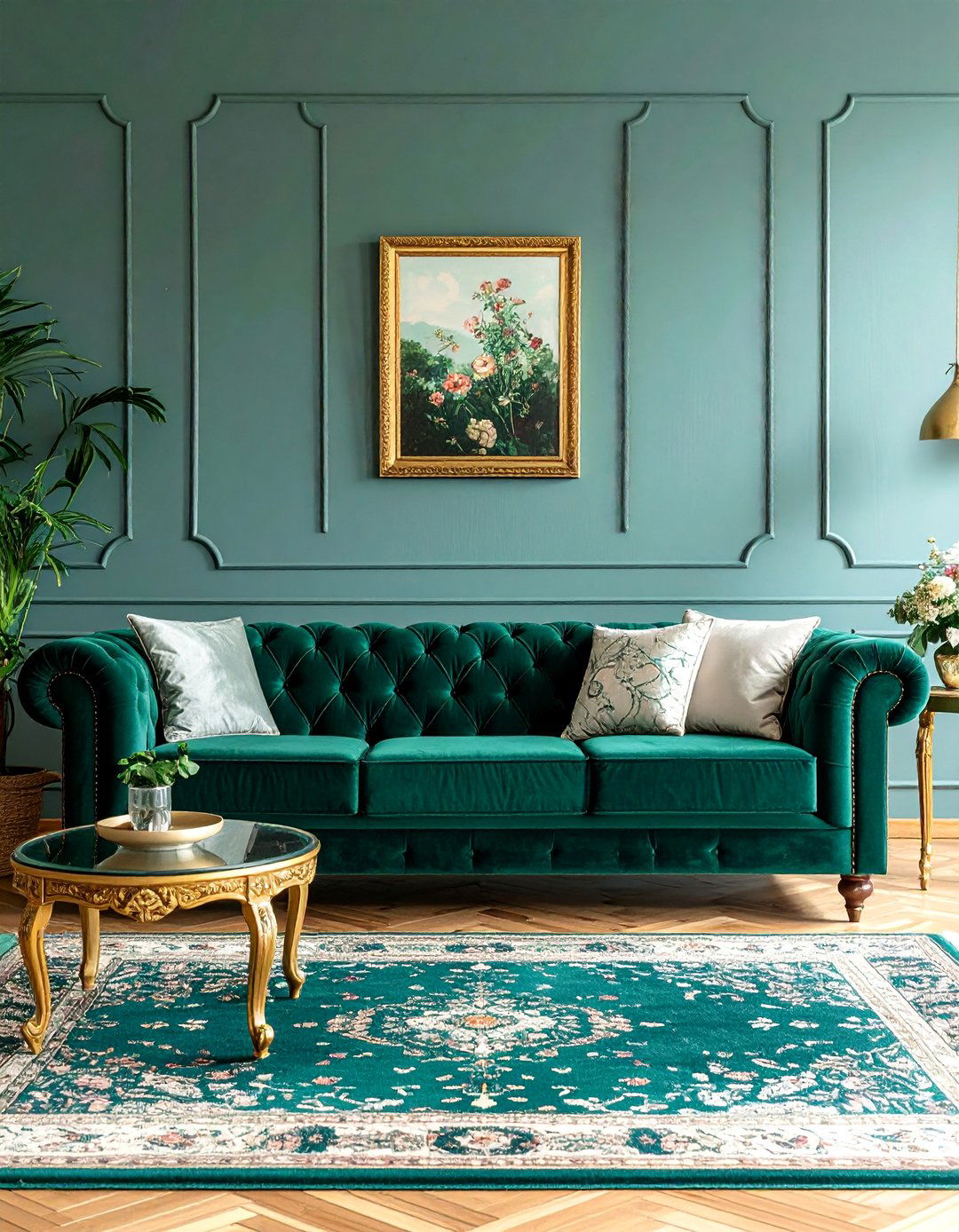 Forest Green and Antique Gold English Country Living Room - 25 Green and Gold Living Room Ideas