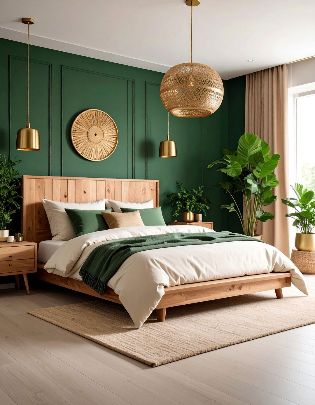 Forest Green and Brass Bedroom with Natural Elements - 25 Colorful Boho Bedroom Ideas