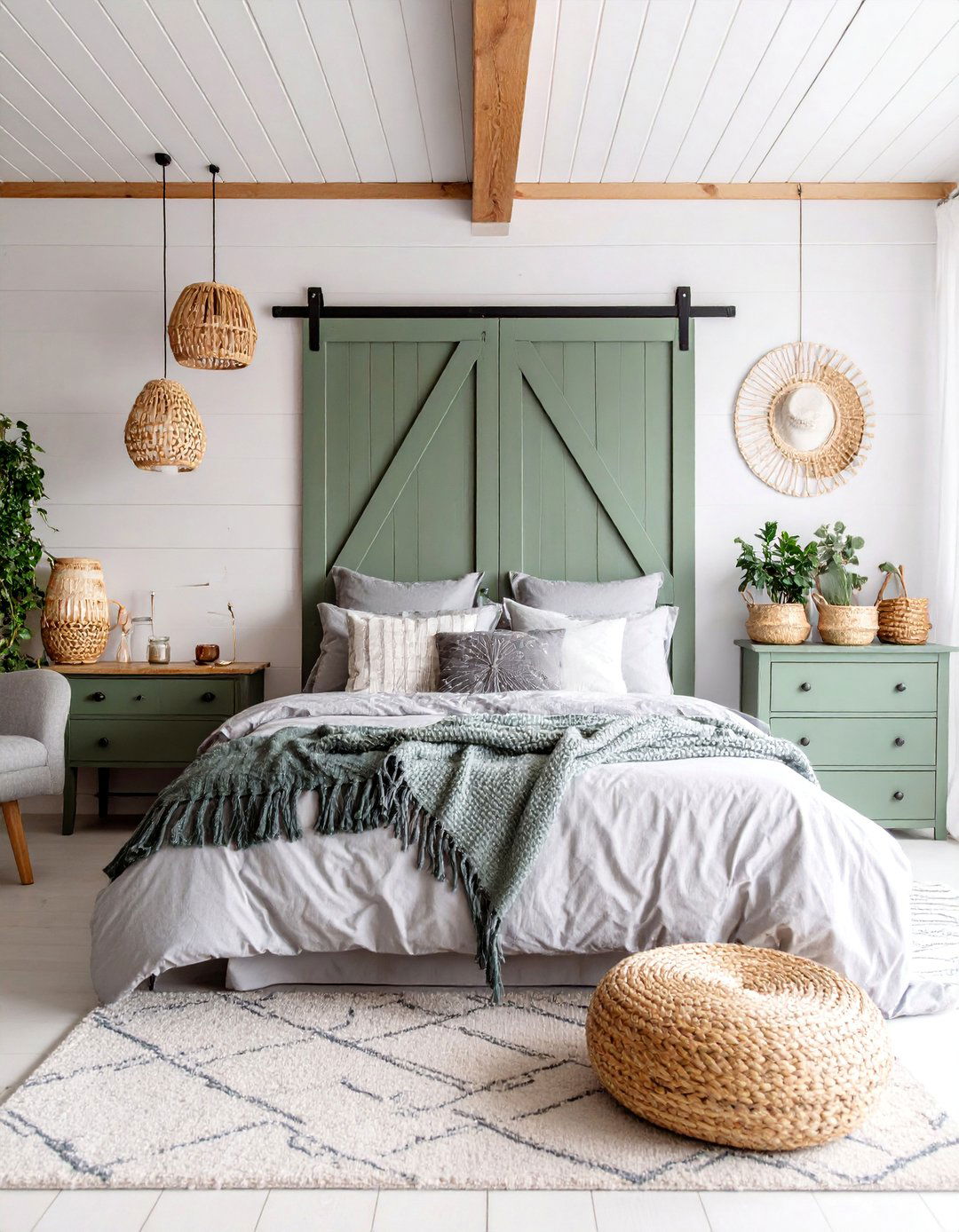Forest Green and Light Grey Rustic Farmhouse Bedroom - 25 Green and Grey Bedroom Ideas