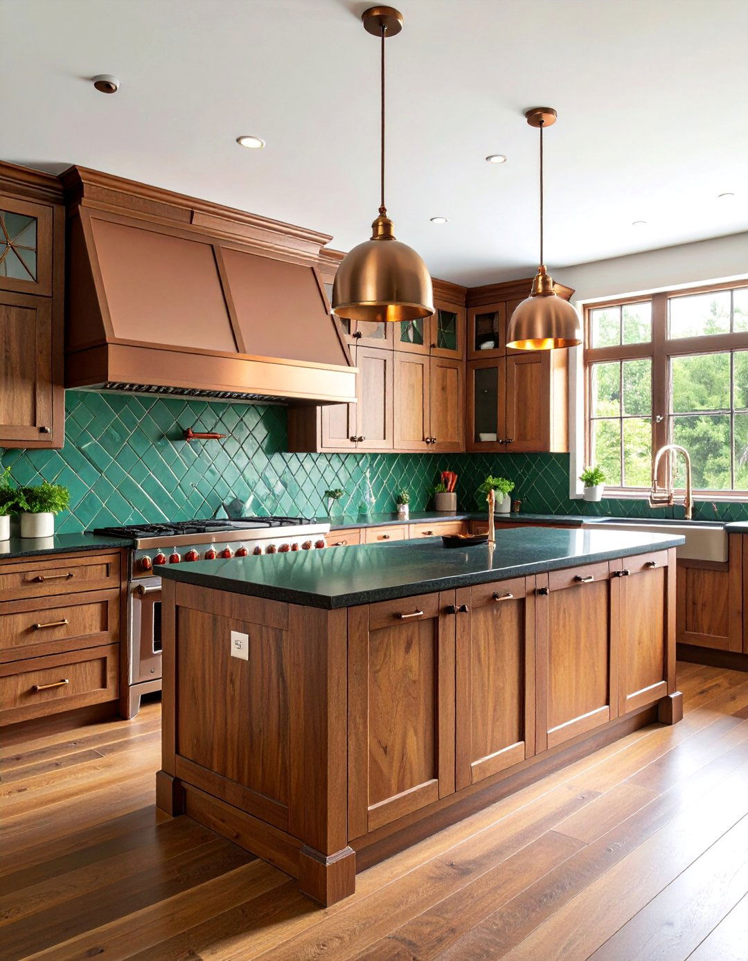 Forest Green with Copper Accents and Rich Woods - 25 Kitchen With Green Backsplash Ideas