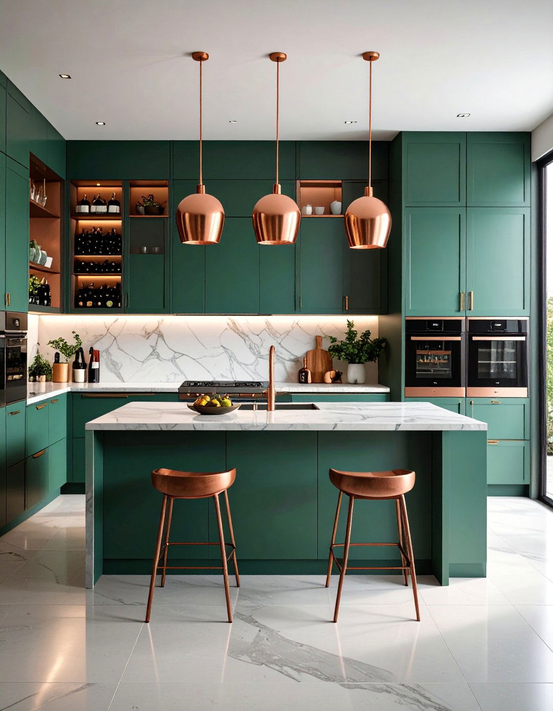 Forest Green with Copper Wine Storage - 25 Green and Copper Kitchen Ideas