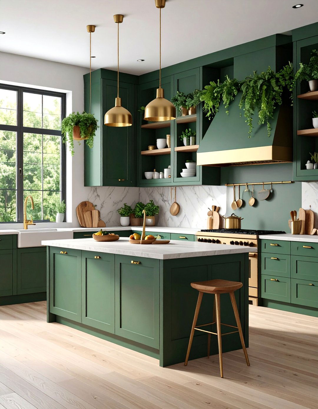 Forest Green with Natural Brass Accents - 25 Kitchen Cabinet Ideas