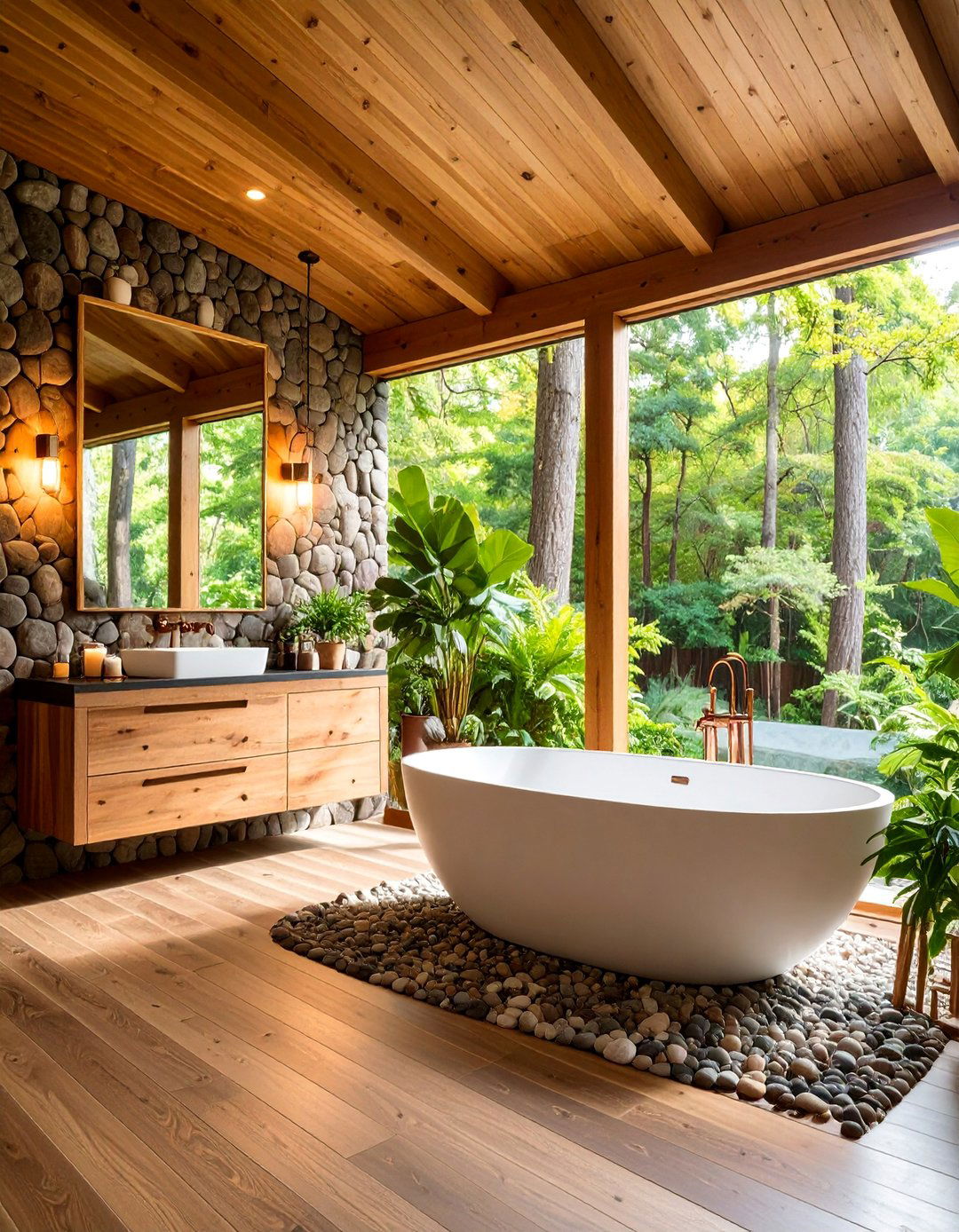 Forest Retreat with Natural Brown Pebble Walls - 25 Pebble Tile Bathroom Ideas