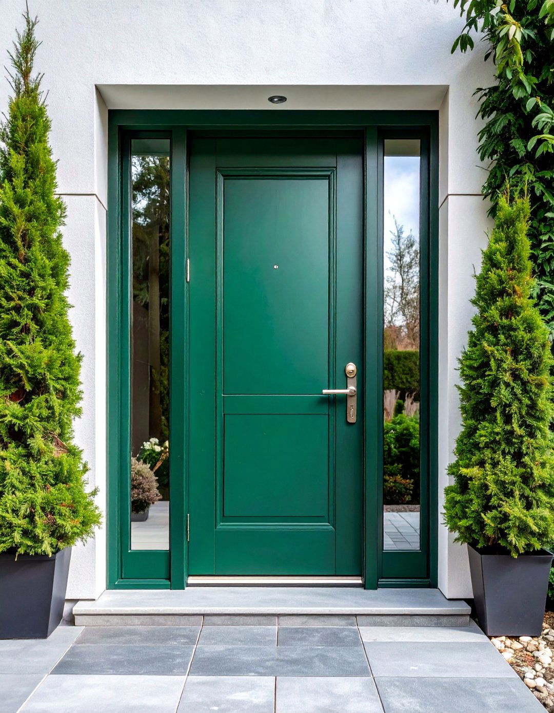 Forest Shadow Green with Modern Glass Panels - 25 Dark Green Front Door Ideas