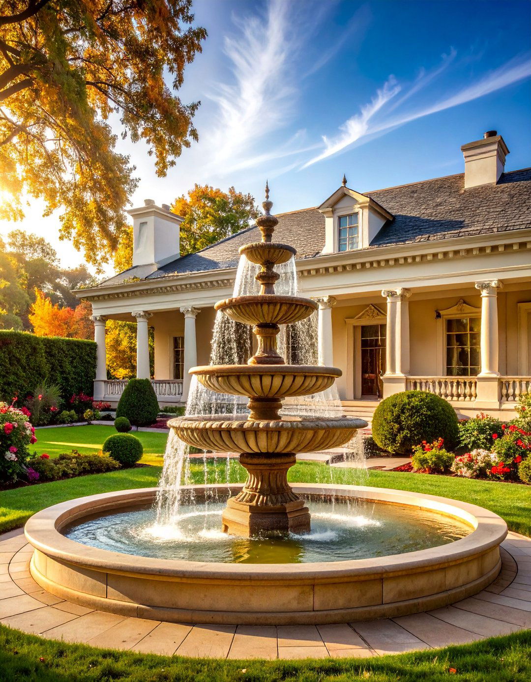 Formal Estate Courtyard Fountain - 25 Backyard Fountain Ideas