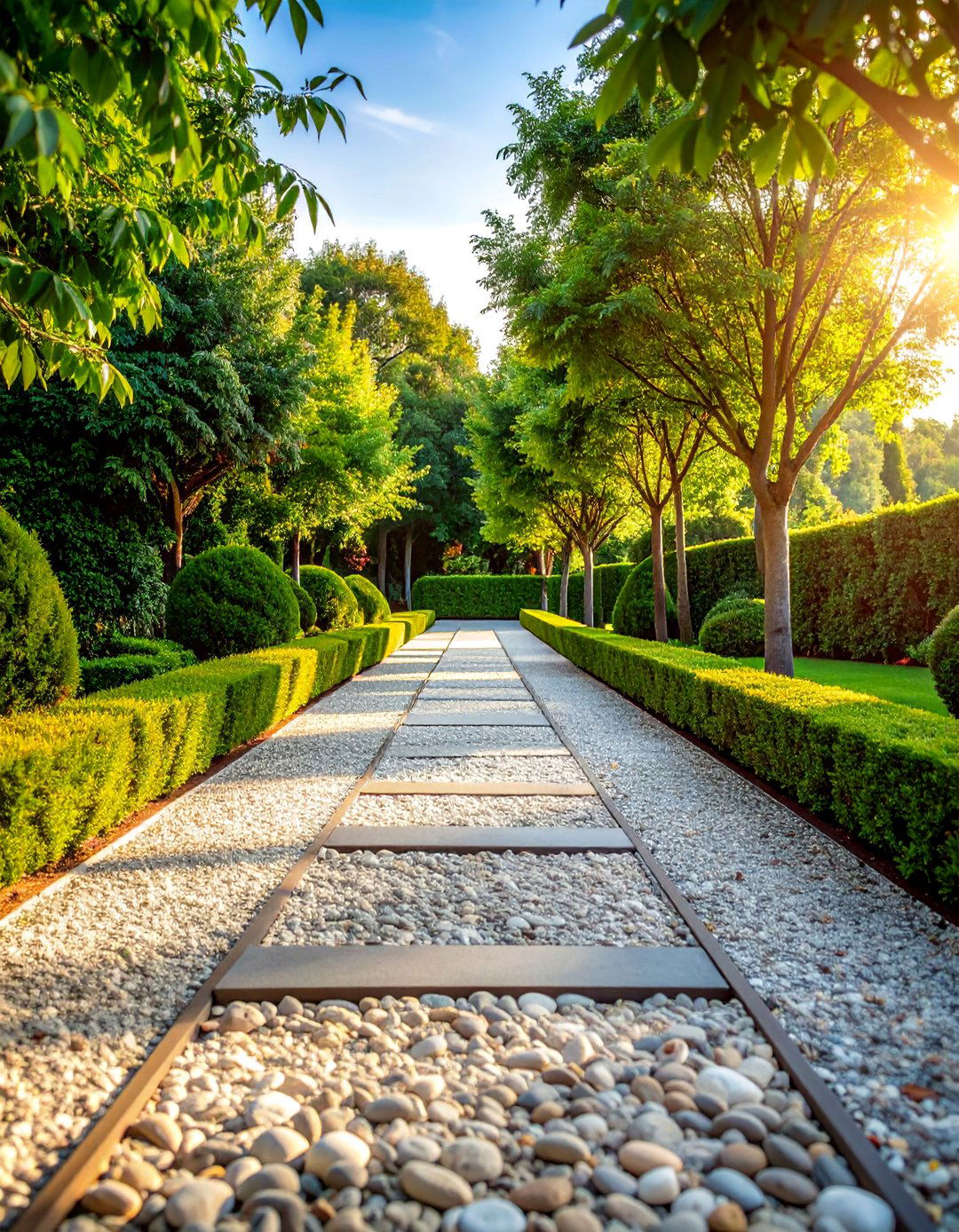 Formal Geometric Pea Gravel Walkway with Boxwood Hedging - 25 Pea Gravel Walkway Ideas