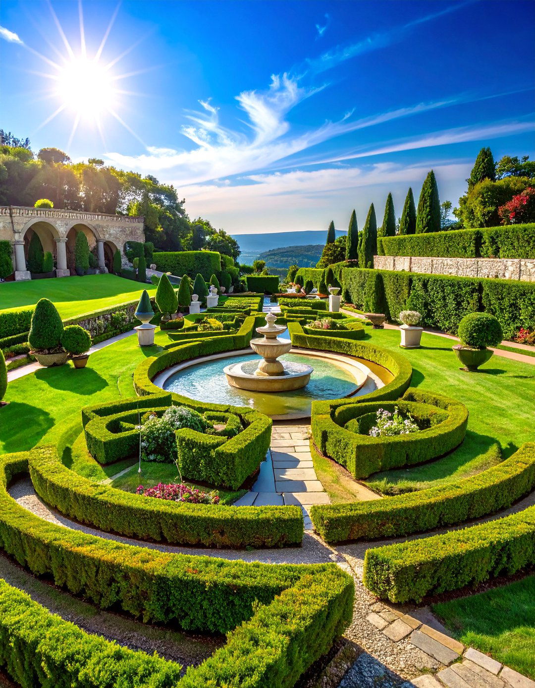 Formal Symmetrical Terraced Garden with Boxwood Hedging - 25 Terraced Garden Ideas