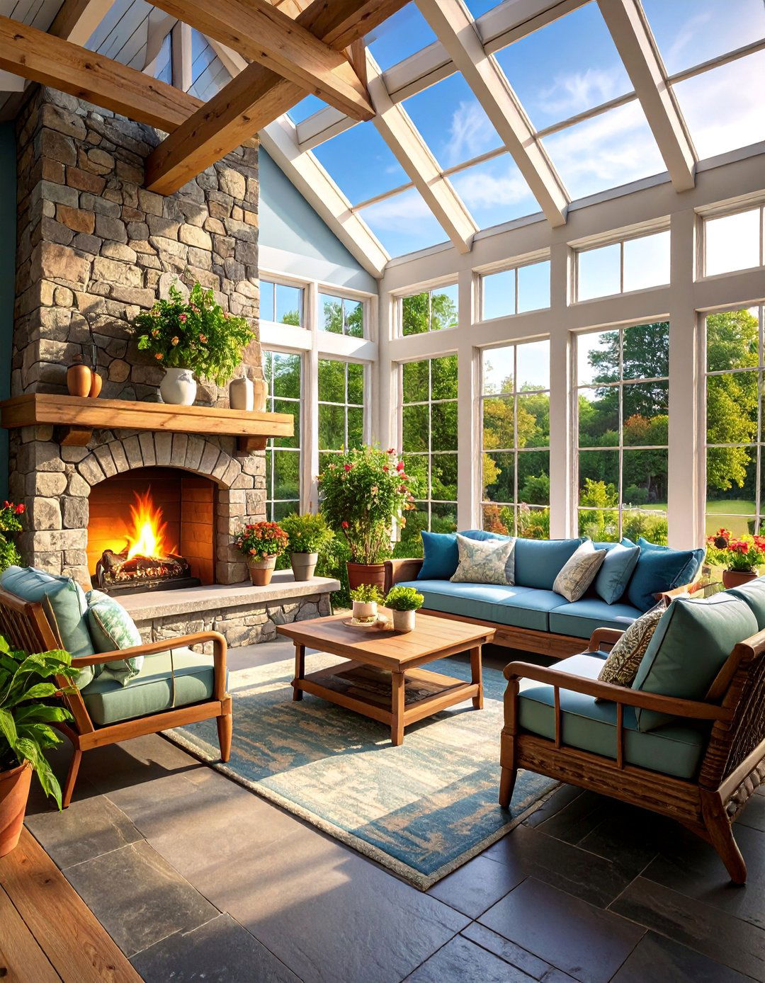 Four Season Farmhouse Sunroom with Stone Fireplace - 25 Farmhouse Sunroom Ideas