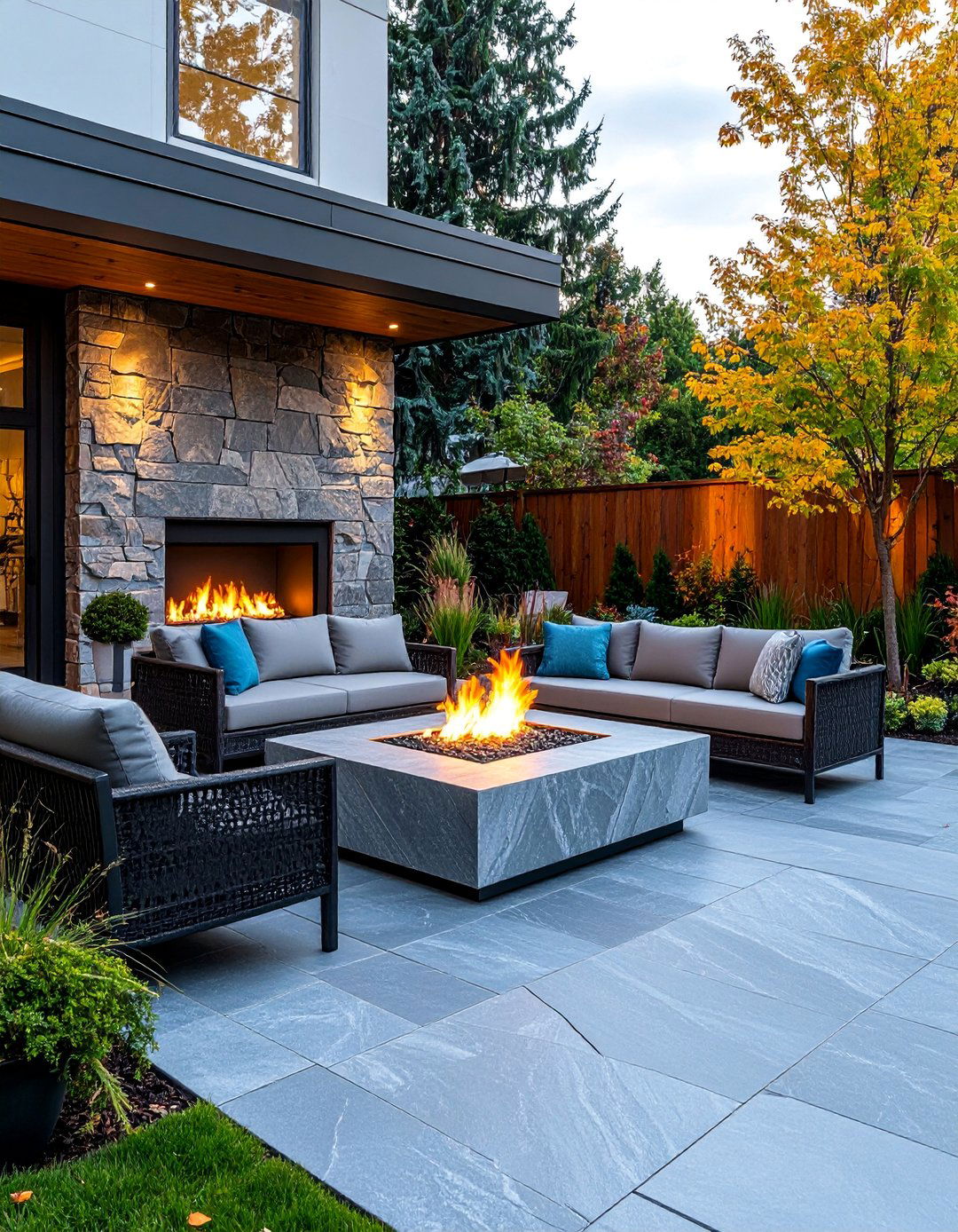 Fractured Slate with Portable Fire Table - 25 stamped concrete patio with fire pit ideas