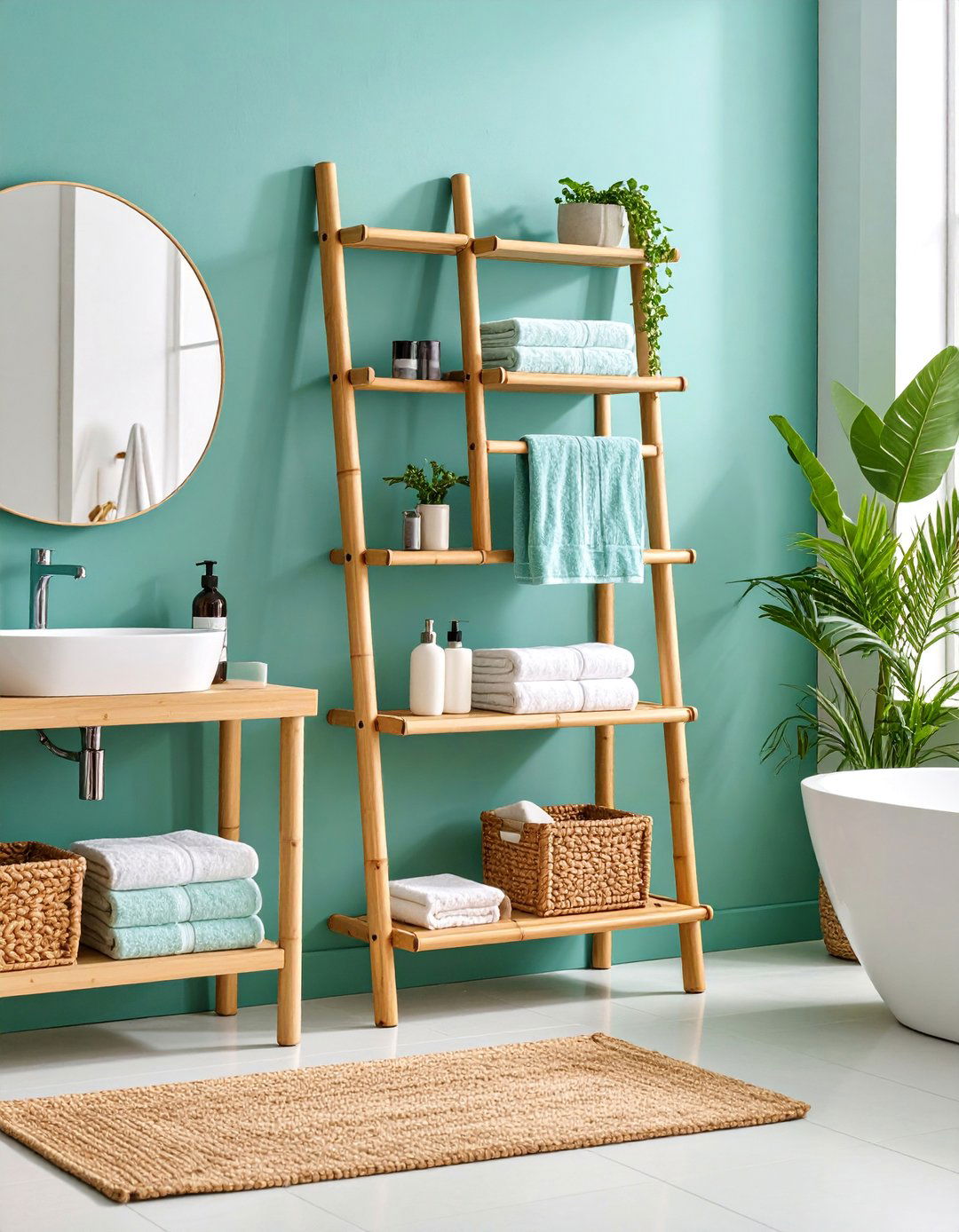 Freestanding Bamboo Towel Ladder with Storage Shelf - 25 Bathroom Towel Rack Ideas