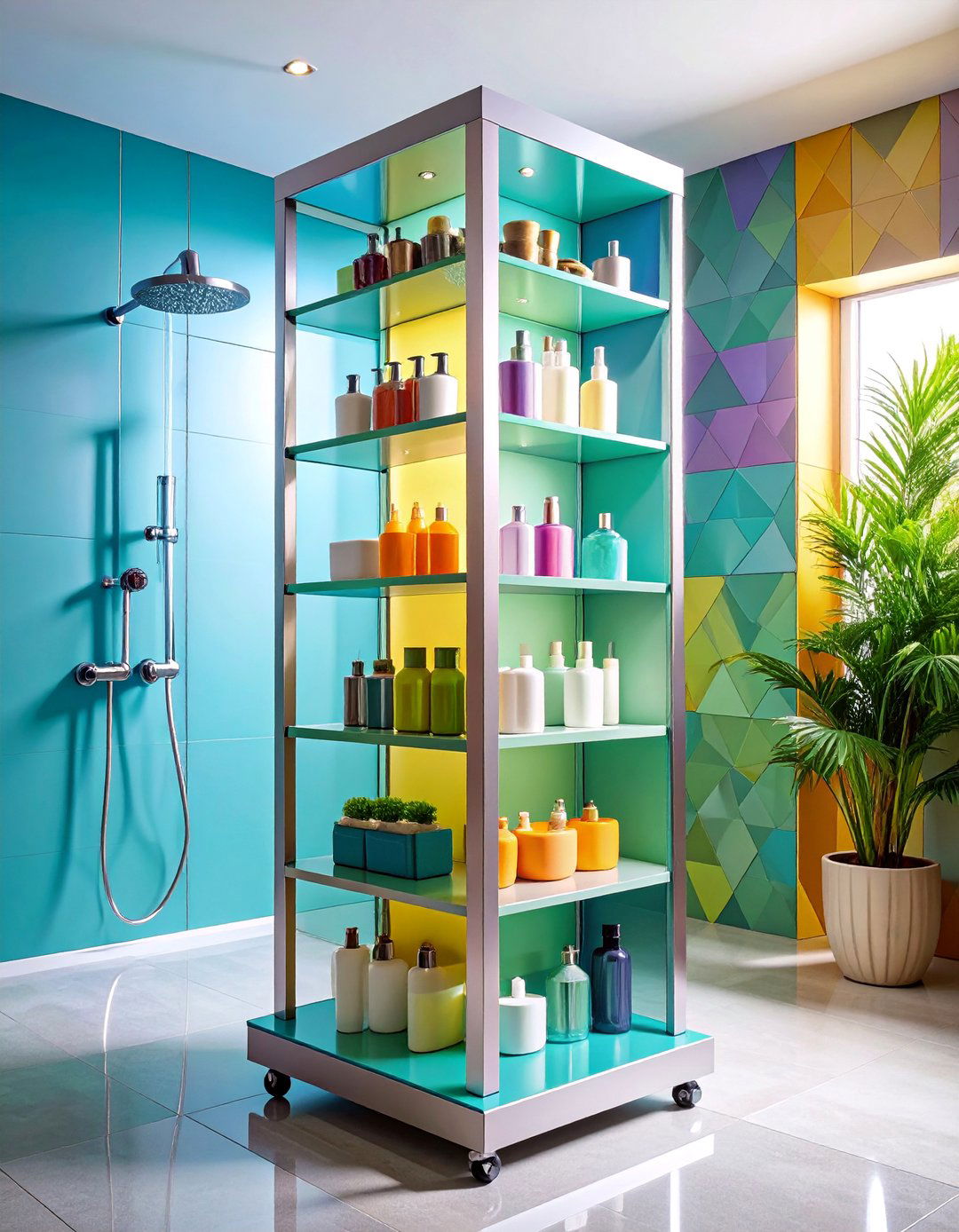Freestanding Corner Tower with Weighted Base - 25 Shower Storage Ideas