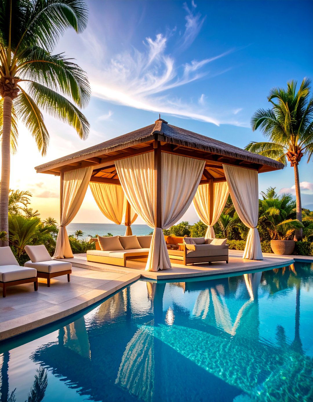 Freestanding Poolside Cabana with Privacy Curtains - 25 Pool Shade Ideas