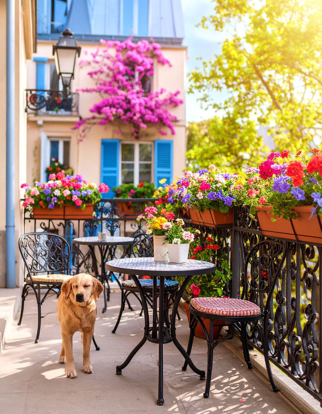 French Bistro Dog Balcony with Cafe Elements - 25 Dog Balcony Ideas