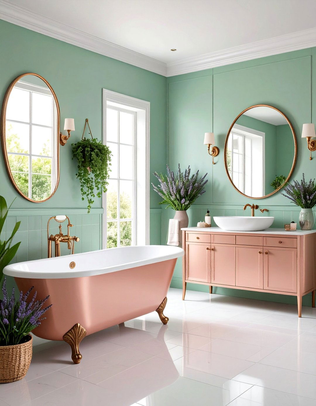 French Country Bathroom with Mint Green Tiles and Blush Pink Fixtures - 25 Pink and Green Bathroom Design Ideas