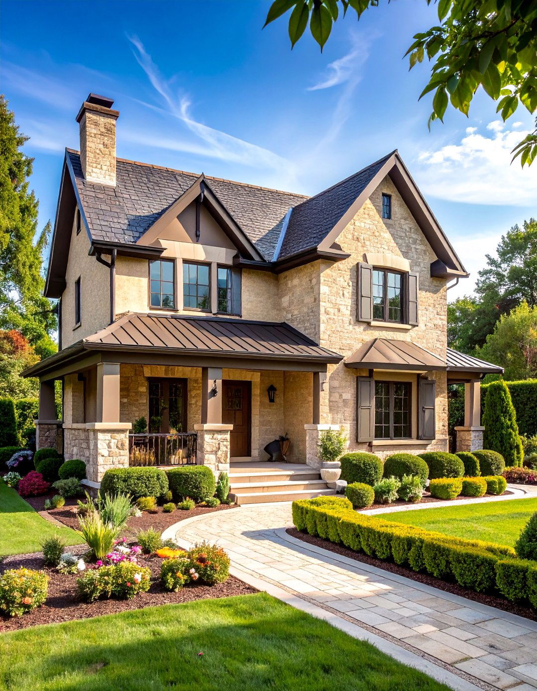 French Country Beige Brick Elegance - 25 Beige Brick Exterior Home Ideas