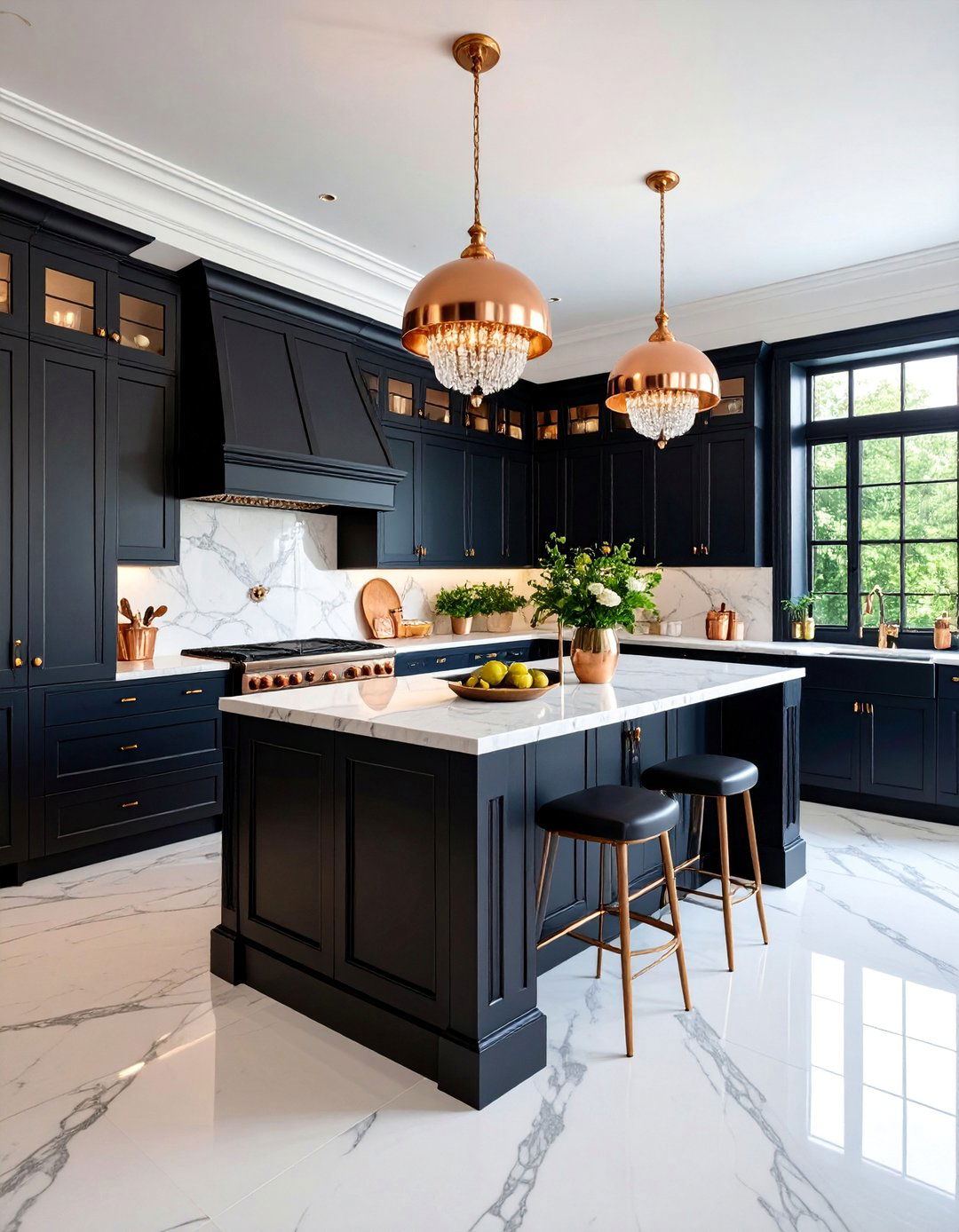 French Country Black Kitchen with Marble Backsplash and Copper Accents - 25 Kitchens With Black Cabinets