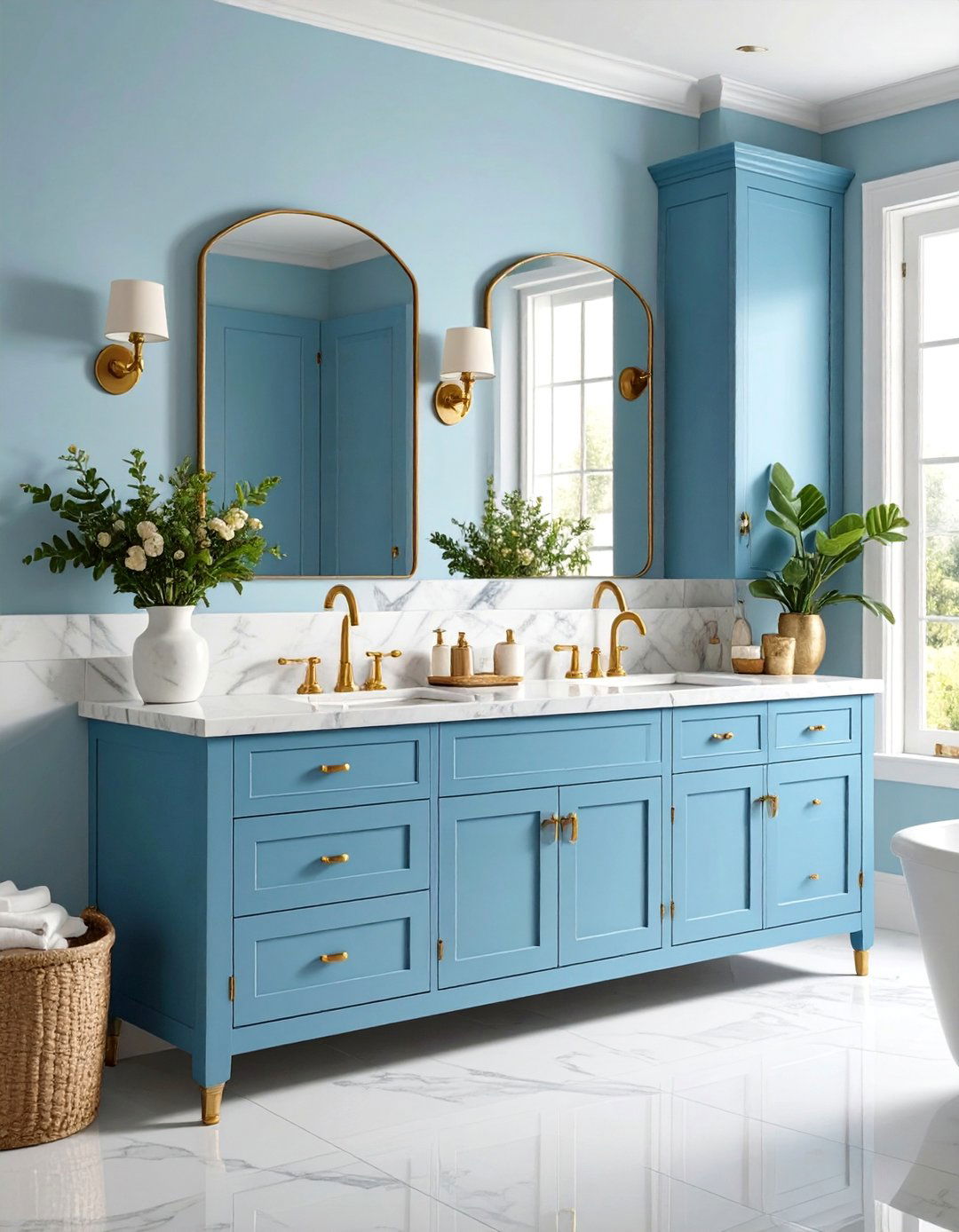 French Country Blue with Antique Gold Hardware - 25 Blue and Gold Bathroom Ideas