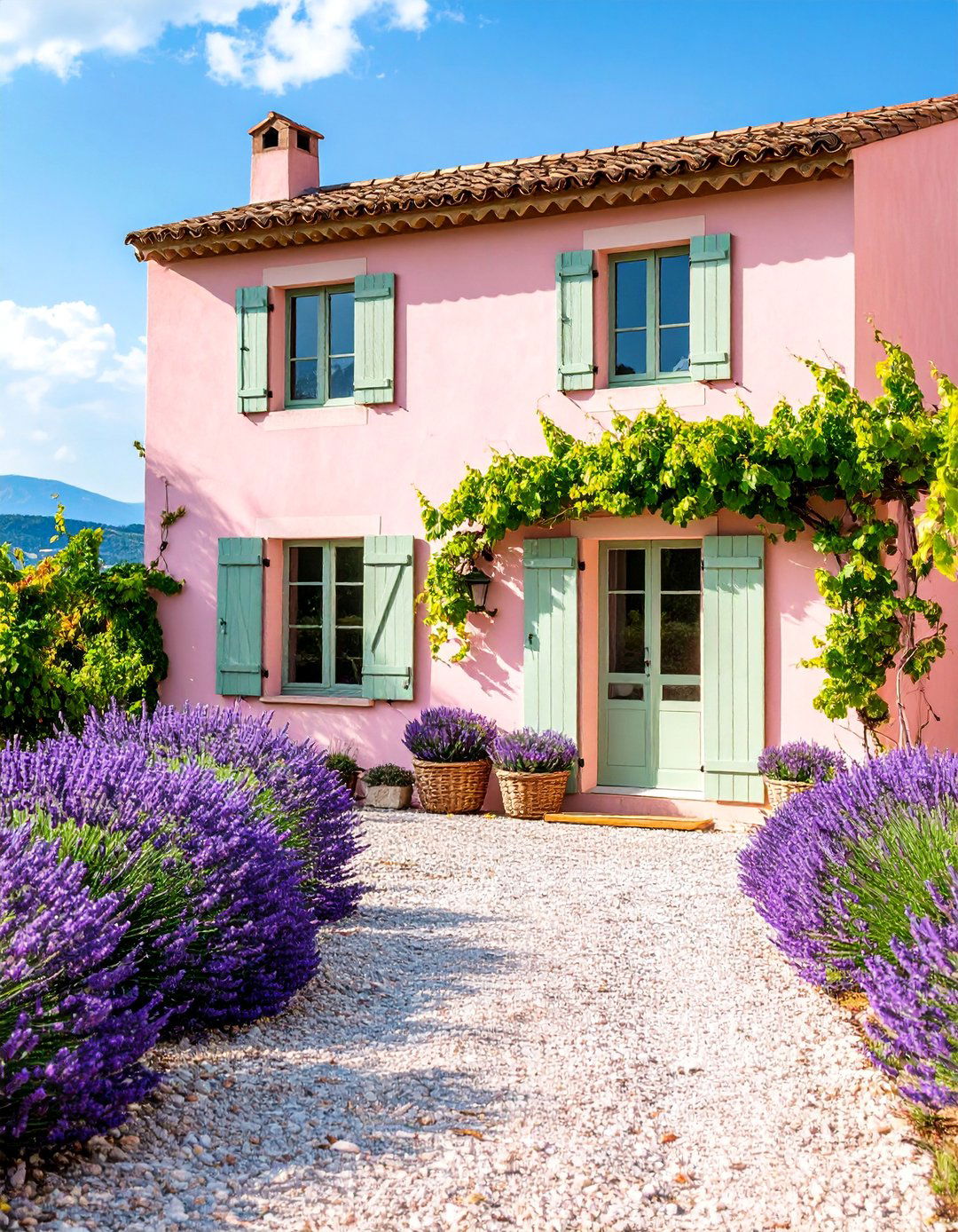 French Country Blush Pink House Exterior with Shuttered Windows - 25 Pink House Exterior Ideas