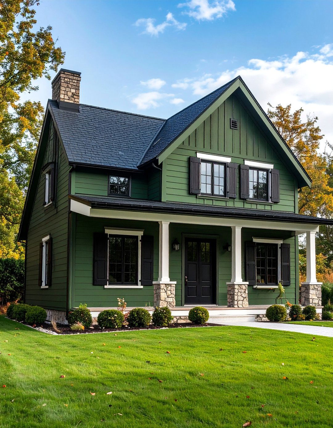 French Country Cottage with Black Hardware - 25 Dark Olive Green House With Black Trim