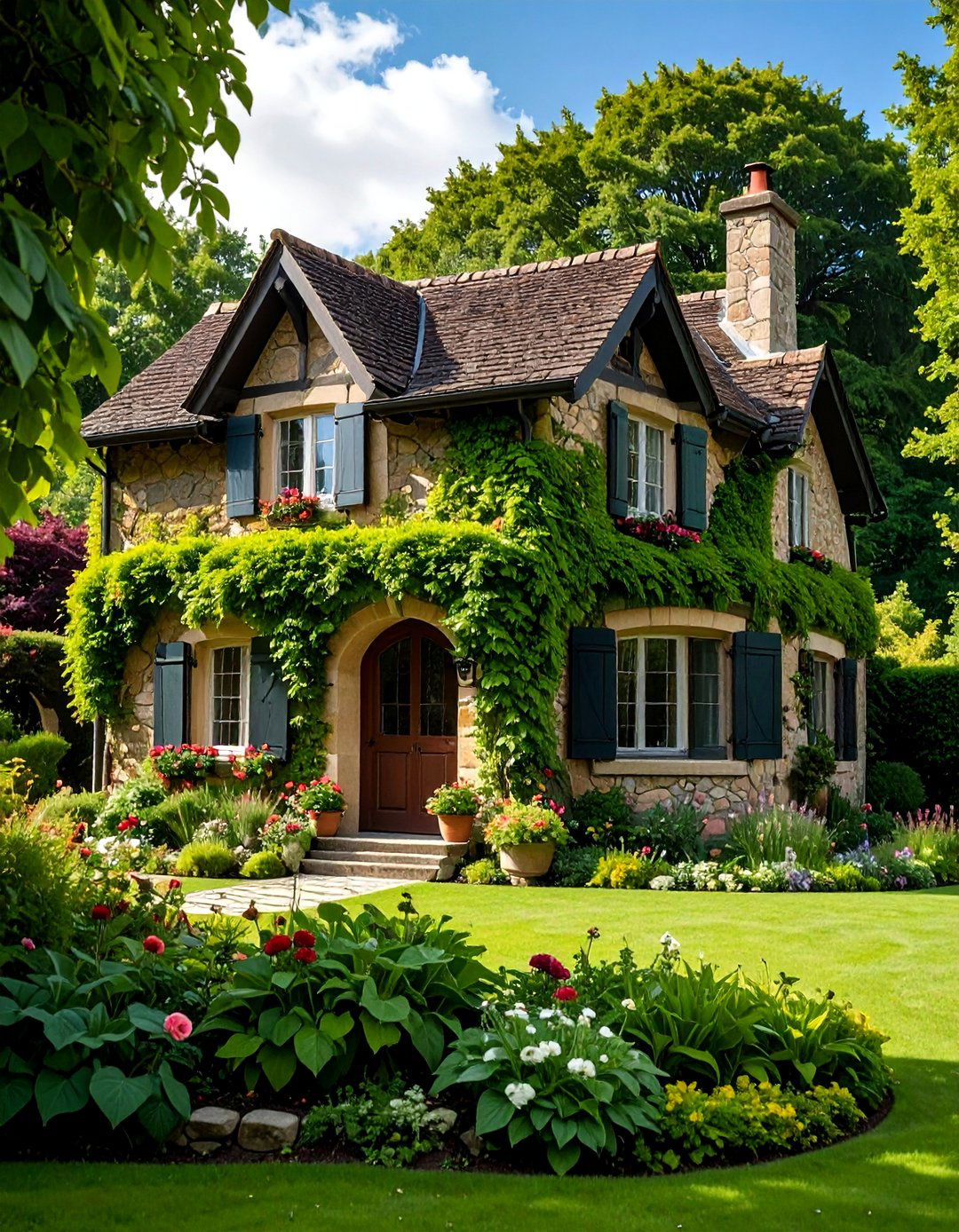 French Country Cottage with Moss Green Stone - 25 Dark Green Exterior Ideas