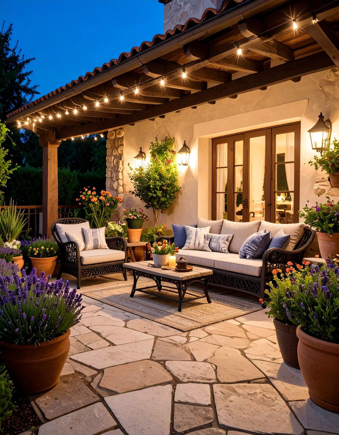 French Country Covered Porch with Limestone and Lavender - 25 Covered Porch Ideas