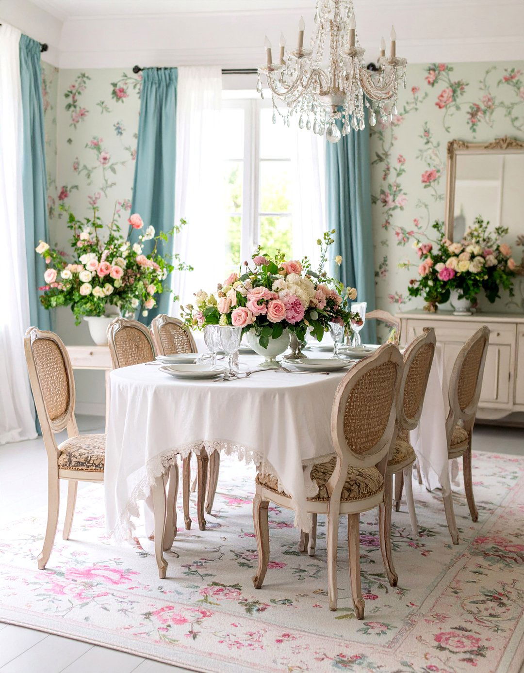 French Country Dining Room with Floral Tapestry Carpet - 25 Carpeted Dining Room Ideas