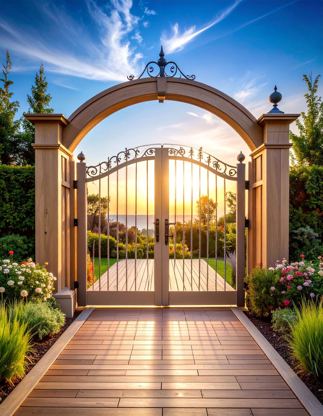 French Country Gate with Arched Top Detail - 25 Deck Gate Ideas