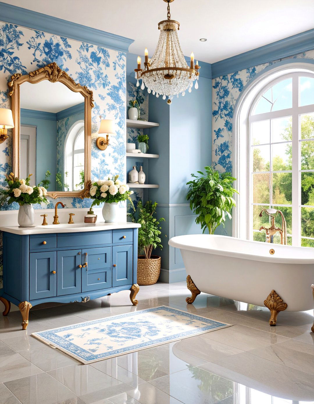 French Country Gray Floor Bathroom with Toile Wallpaper - 25 Gray Floor Bathroom Ideas
