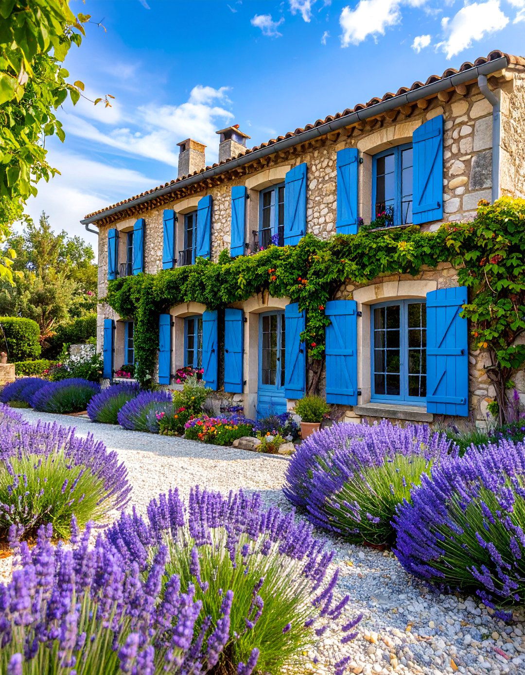 French Country Grey House with Powder Blue Shutters - 25 Grey House With Blue Door Ideas